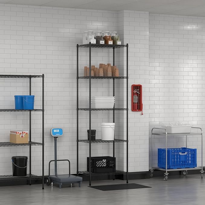 Commercial NSF Listed Black Epoxy Stationary Wire Shelving Kit 21" x 30" x 96", with 5 Shelves Perfect for Warehouse, Walk-in Refrigerator, Freezer, Grocery Store, Restaurant, Dishroom