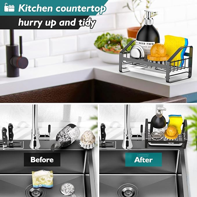 Sink Caddy, Sponge Holder for Kitchen Sink, Bathroom Sink Organizer, 304 Stainless Steel Kitchen Countertop Organizer Soap Tray with Removable Drain Tray-Black
