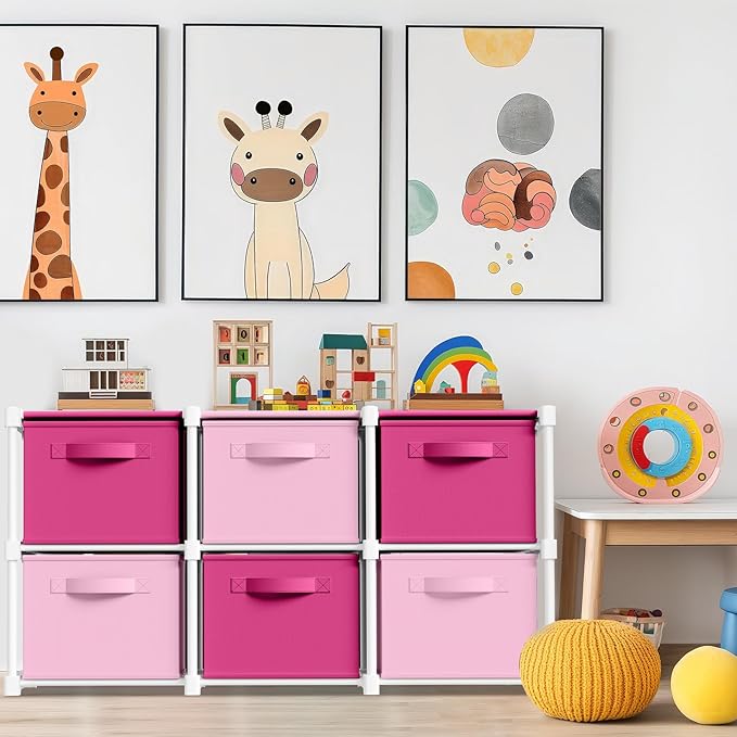 Thyle Large Cube Storage Organizer Shelf with 6 Bins 14 Inch Fabric Collapsible Cubby Storage Drawers Shelving Unit for Christmas Ornaments Clothes Toys Craft(Pink,Rose,Colorful)