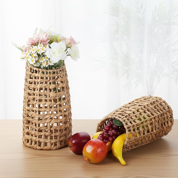Woven Wall Hanging Basket, Boho Front Door Pocket Basket Open Weave Water Hyacinth Wall Farmhouse Decor Storage Organizer for Home Garden Pantry Kitchen