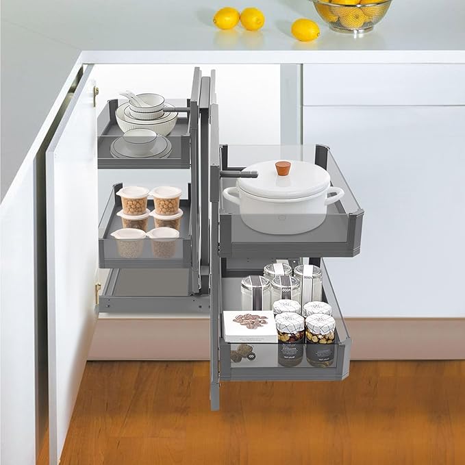 2-Tier Blind Corner Pull Out Organizer, Metal&Tempered Glass Pull-Out Cabinet organizer with 4 Basket, Kitchen Slide Out Shelf Organizer, Left Open&Right Open Compatible, Min Opening 14.57" Soft Close