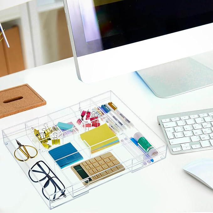 1 Pcs Acrylic Desk Drawer Organizer 2 Inch Height Expandable Drawer Organizer Trays with Adjustable Compartments Desk Accessories for Makeup Silverware Office Bathroom(Clear, Classic)