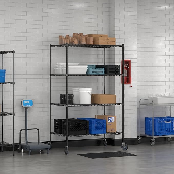 Commercial NSF Listed Black Epoxy Mobile Wire Shelving Kit 30" x 48" x 80", with 4 Shelves Perfect for Warehouse, Walk-in Refrigerator, Freezer, Grocery Store, Restaurant, Dishroom