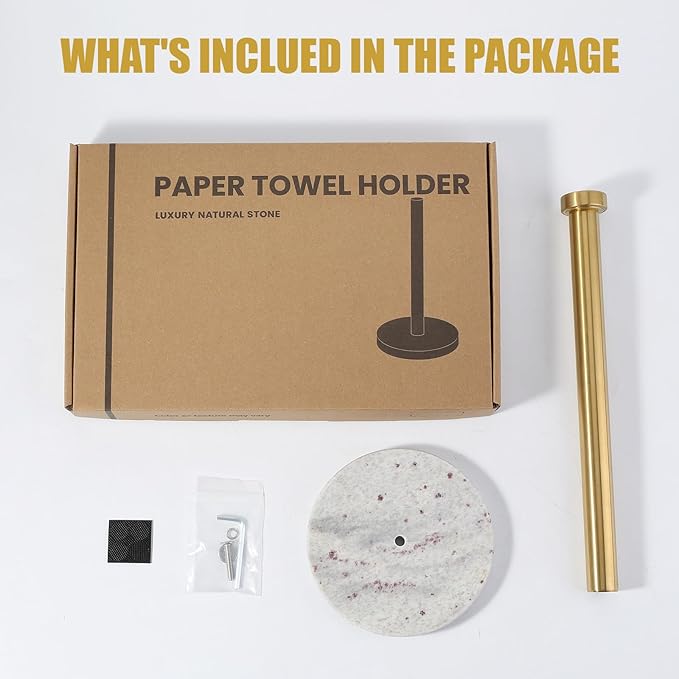 Koville Paper Towel Holder Countertop, Standing Paper Roll Holder with 6" Weighted Marble Base, Stone Paper Towel Holder with Gold Stainless Steel Rod for Kitchen Bathroom (River White)