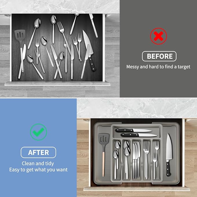 Expandable Silverware Drawer Organizer – Adjustable Utensil Tray & Cutlery Organizer, BPA-Free Plastic Flatware Divider, Non-Slip Kitchen Drawer Organizer (Fits 12–22” Drawers, 8 Compartments)