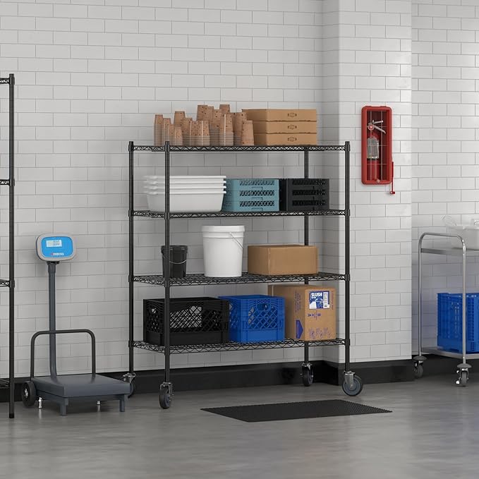 Commercial NSF Listed Black Epoxy Mobile Wire Shelving Kit 21" x 48" x 60", with 4 Shelves Perfect for Warehouse, Walk-in Refrigerator, Freezer, Grocery Store, Restaurant, Dishroom