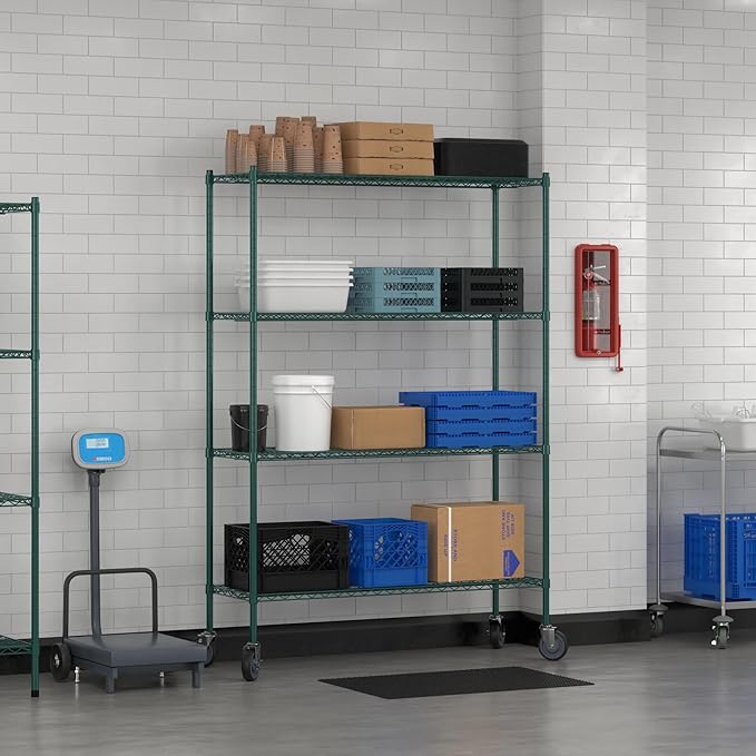 Commercial NSF Listed Green Epoxy Mobile Wire Shelving Kit 18" x 54" x 80", with 4 Shelves Perfect for Warehouse, Walk-in Refrigerator, Freezer, Grocery Store, Restaurant, Dishroom