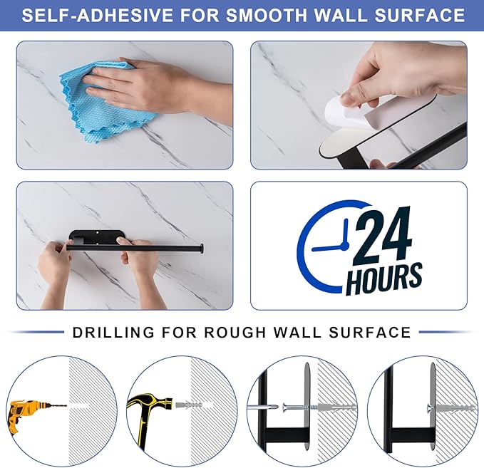 Paper Towel Holder, Upgrade SUS304 Stainless Steel Paper Towel Holder Under Cabinet, Bend-Resistant, Self-Adhesive or Drill mounting (Black)
