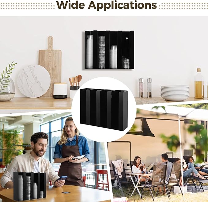 OMISTAR Portion Cup and Lid Organizer, 4-Compartment Black Acrylic Dispenser, Wall Mount/Countertop, Restaurant Coffee Tea Condiment Supplies, 13 x 10 x 3.25 in