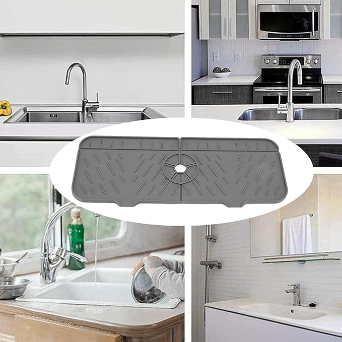 14.7 x 5.7in Silicone Sink Splash Guard Dry Gray Faucet Absorbent Mat Washable and Reusable Sink Accessory For Kitchen Countertops and Bathroom Sinks