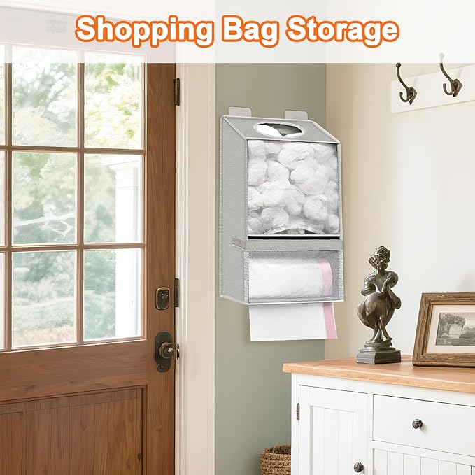 Wall Mount Plastic Bag Holder - Large Oxford Cloth Grocery Bag Holder, 2-in-1 Plastic Bags Organizer with Trash Roll Dispenser for Home Kitchen Closet Cabinets Sink, Gray