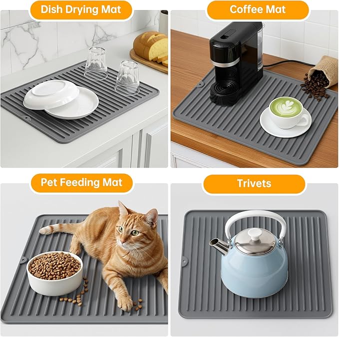 Songrey 24" x 18" Silicone Dish Drying Mat, Kitchen Counter Drying Pad for Sink Dishes or Under Rack, Multi-Use as Heat Resistant Trivet, Coffee Bar Mat