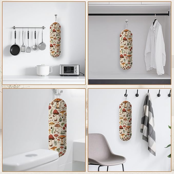 Plastic Bag Holder, Grocery Bag Organizer Storage, Kitchen Dispenser Holders Reusable Shopping with Adjustment Drawstring Closure for Kitchen Farmhouse Decor, Mushroom