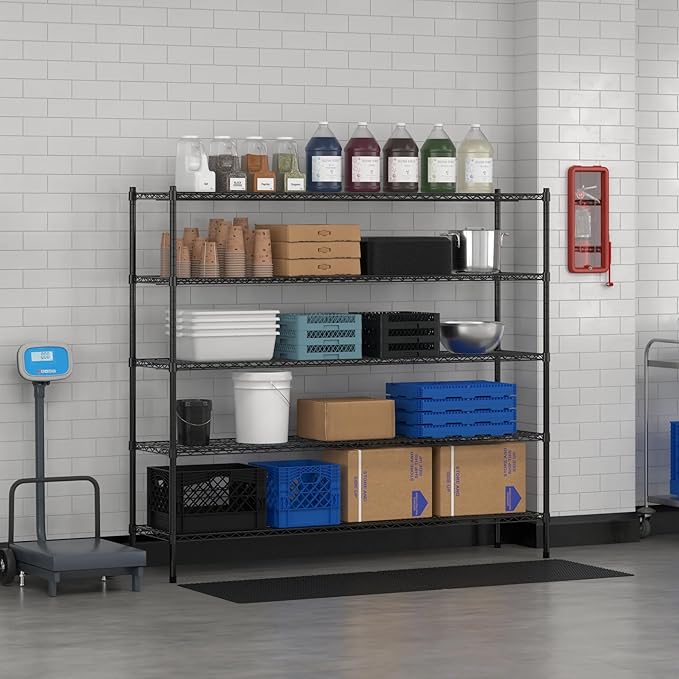 Commercial NSF Listed Black Epoxy Stationary Wire Shelving Kit 18" x 72" x 64", with 5 Shelves Perfect for Warehouse, Walk-in Refrigerator, Freezer, Grocery Store, Restaurant, Dishroom