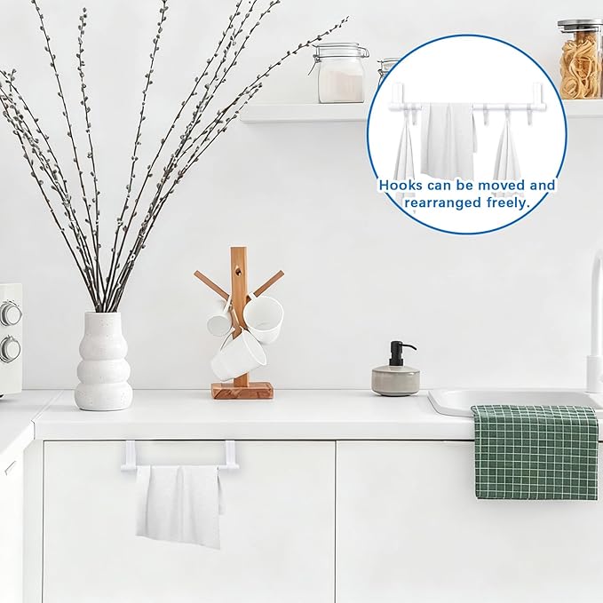 2Sets Towel Holder, Over Cabinet Door Towel Rack with Hooks, Multi-Purpose Kitchen Towels Rack and Hanger Organizer for Sink Bathroom Pantry Door (White)