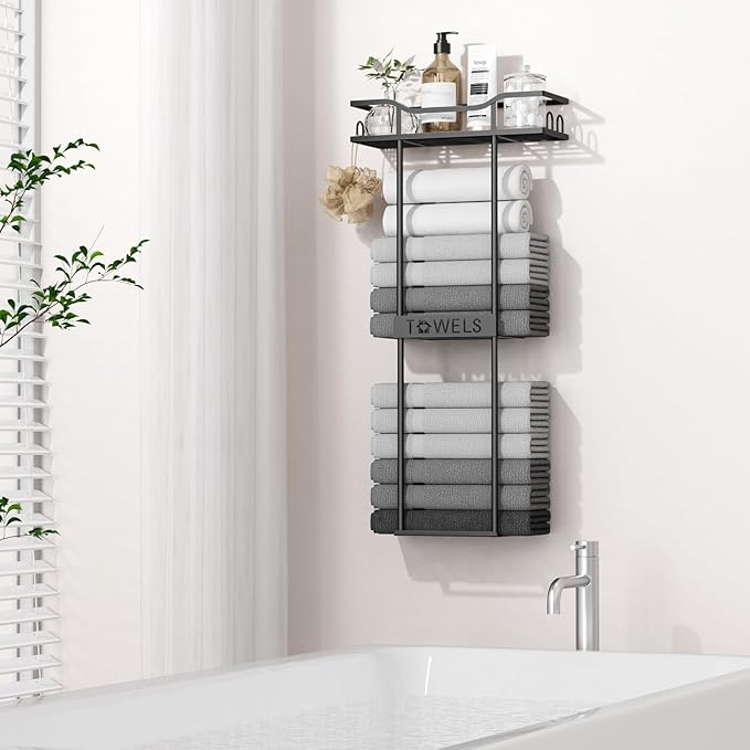 Towel Racks for Bathroom Wall Mounted Towel Storage Organizer Wall Towel Rack for Rolled Towels(2 Tier Black
