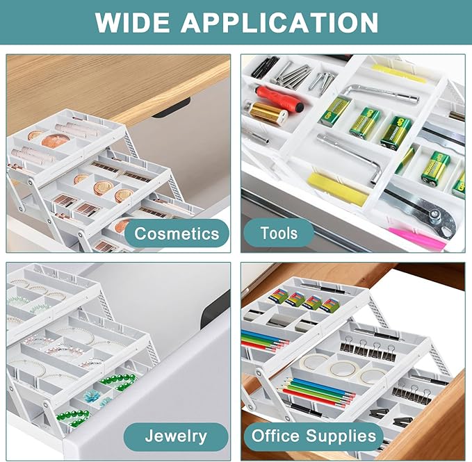 Aobiono Multi Level Smart Drawer Organizer, Multi Tier Expandable Storage Collapsible Foldable Trays for Jewelry, Cosmetics, Makeup, Tools, Battery (White, Double Row - 2 Levels)