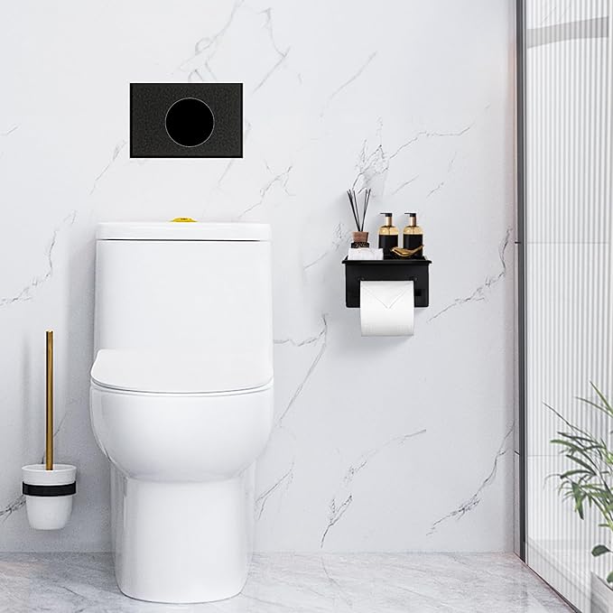 LANC Matte Black Toilet Paper Holder with Shelf, Adhesive or Screw Bathroom Toilet Paper Roll Holder with Phone Shelf for Bathroom Wall Mount, Tissue Roll Holder Stainless Steel, A8367MB