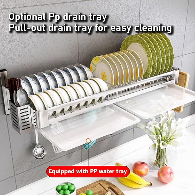 Wall Mounted Kitchen Dish Organizer Rack, 2 Tier Hanging Dish Drying Rack Over Sink, Adjustable Height Bowl Holder, Stainless Steel Storage Shelf for Kitchen Counter (60x30x50 cm / 23.6x11.8x19.7 in)