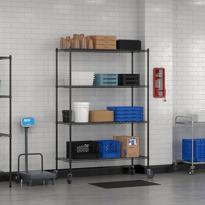 Commercial NSF Listed Black Epoxy Mobile Wire Shelving Kit 21" x 54" x 80", with 4 Shelves Perfect for Warehouse, Walk-in Refrigerator, Freezer, Grocery Store, Restaurant, Dishroom
