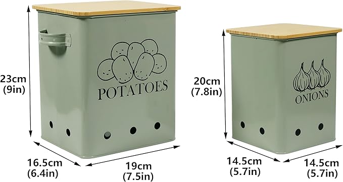 Kitchen Vegetable Storage Tins Set of 2 for Potatoes, Onion, with wooden lid Garlic Bin Caddy, Long Shelf Life-Grayish Green