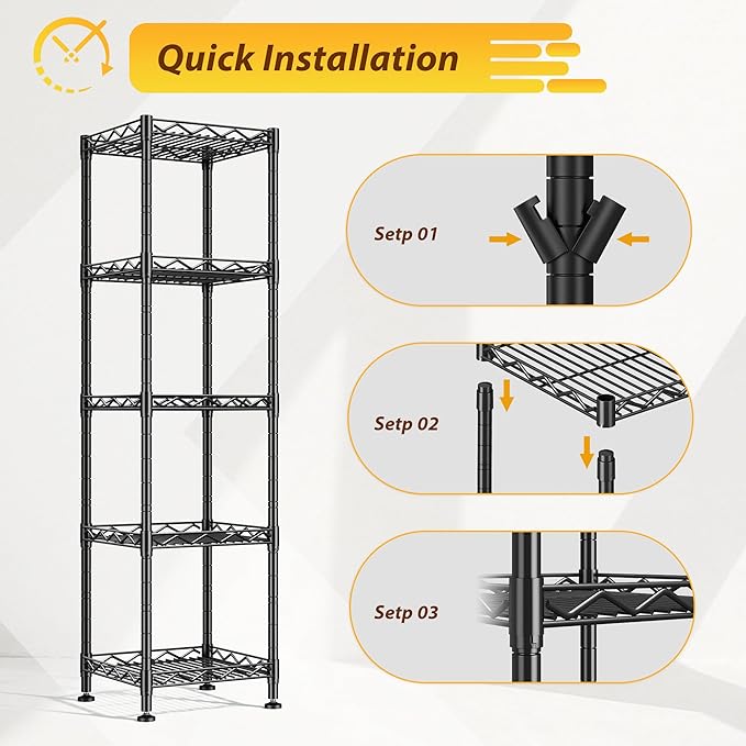5 Tier Metal Shelving Unit Wire Shelves Storage Rack:Adjustable Storage Shelves Standing Bathroom Shelf and Narrow Small Shelf for Laundry Dorm Kitchen Pantry Closet Office 12''Wx12''Dx49''H Black