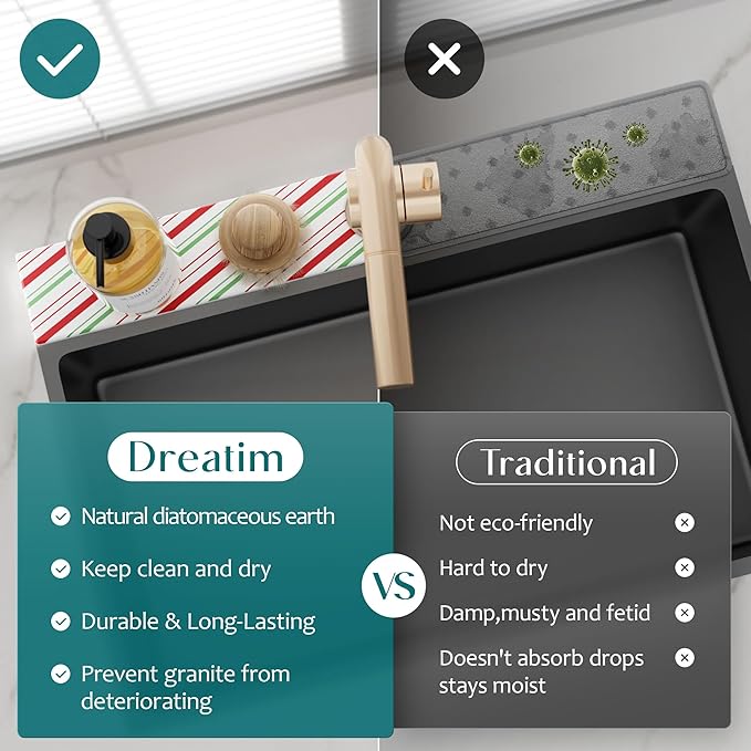 Stone Faucet Mat for Kitchen Sink, Diatomite Drying Stone Mat for Kitchen Counter, Prevent Moisture โ Sink Splash Guard for Holiday Gift Home Decor (Red/Green, 15.7''x3.9'')