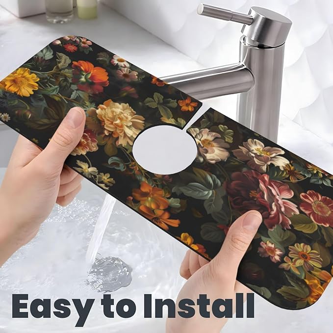 Sink Faucet Mat Elegant Flowers Kitchen Splash Guard Absorbent Bathroom Sink Mat Around Faucet 15" x 5.5" Drying Mats Stone Draining Mat