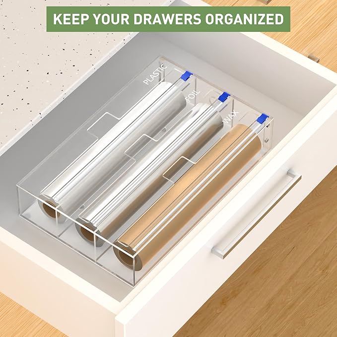 Foil and Plastic Wrap Organizer, 3 in 1 Kitchen Wrap Dispenser, Drawer Aluminum Foil Organization and Storage, Wall-Mounted Holder
