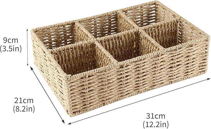 Snack Bar Station Organizer,Pantry Organizers and Storage Bins,Hand-Woven Snack Basket for Countertop with 6 Compartments,Snack Display Box for Candy,Drink Packet,Chips,Spice Organizer