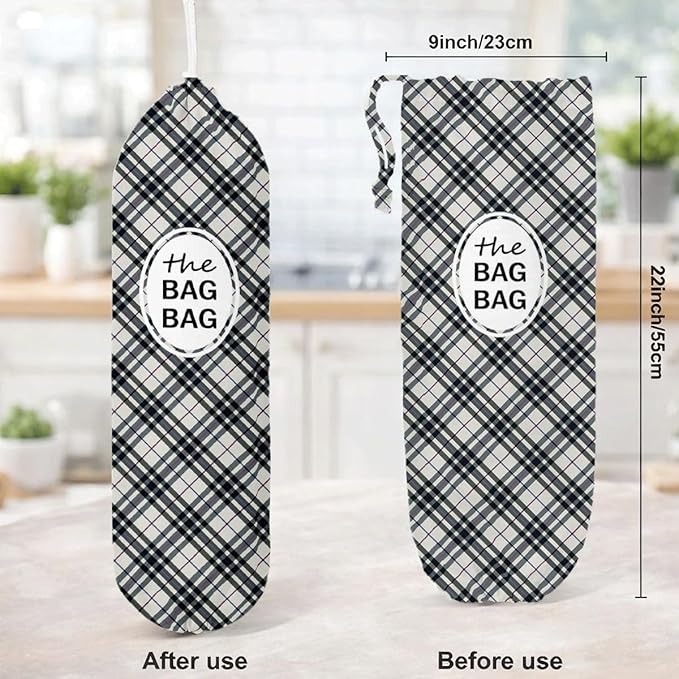 The Bag Bag Grocery Bags Holder, Black White Buffalo Check Plaid Grocery Bags Holder Organizer For Shopping Sack, Reusable Hanging Plastic Sack Dispenser, Plastic Sacks Storage Container Dispenser