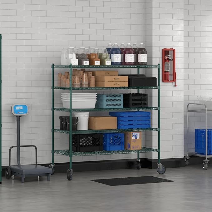 Commercial NSF Listed Green Epoxy Mobile Wire Shelving Kit 24" x 54" x 60", with 5 Shelves Perfect for Warehouse, Walk-in Refrigerator, Freezer, Grocery Store, Restaurant, Dishroom