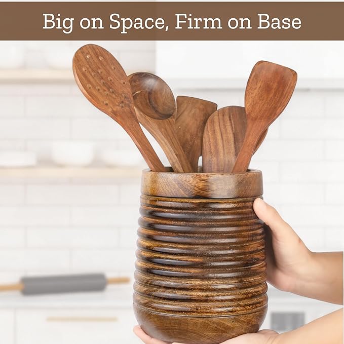 Mie Creations Rustic 7'' Large Utensil Crock Holder for Kitchen Countertop | Wooden Cooking Spatula Organizer for Party, Mother's Day Wood Utensils Caddy, Vintage Kitchen Counter Decor-Dark Brown