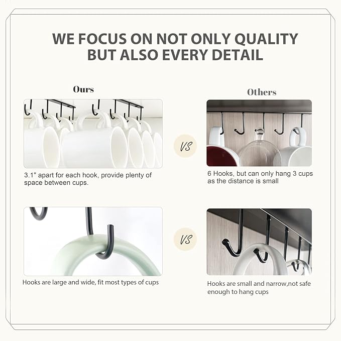 Mkono Under Cabinet Mug Hanger Set of 3 Metal Mug Hooks Coffee Cup Holder with 12 Hooks Simple Coffee Mug Organizer for Cabinet Shelf Modern Mug Storage Display Rack for Kitchen, Black
