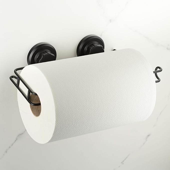 HASKO Suction Cup Paper Towel Holder, Wall Mount Metal Organizer for Bathroom & Kitchen, SUS 304 Stainless Steel Tissue Roll Hanger, Includes Optional No Drill Adhesive Mount, Matte Black