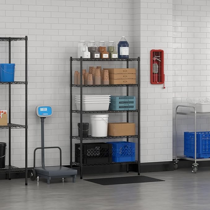 Commercial NSF Listed Black Epoxy Stationary Wire Shelving Kit 14" x 36" x 64", with 5 Shelves Perfect for Warehouse, Walk-in Refrigerator, Freezer, Grocery Store, Restaurant, Dishroom
