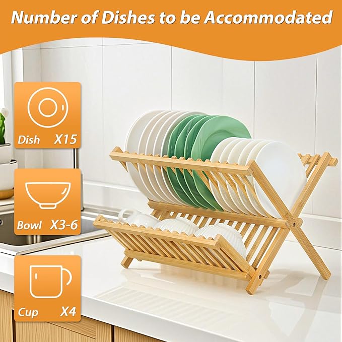 Bamboo Dish Drying Rack, Collapsible 2-Tier Dish Drainer Kitchen Plate Rack for Kitchen Countertop Foldable