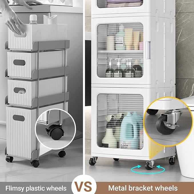 BROVIEW 4-Tier Tall Narrow Storage Cabinet 14.6” Wide, Slim Bathroom Cabinets with Adjustable Shelves and Doors, Plastic Kitchen Pantry Organizers and Storages for Small Space, Laundry, White