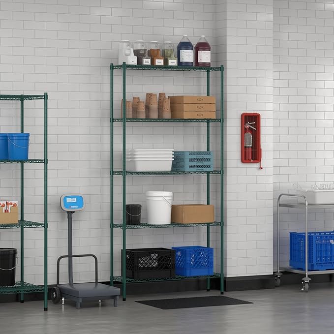 Commercial NSF Listed Green Epoxy Stationary Wire Shelving Kit 12" x 42" x 86", with 5 Shelves Perfect for Warehouse, Walk-in Refrigerator, Freezer, Grocery Store, Restaurant, Dishroom
