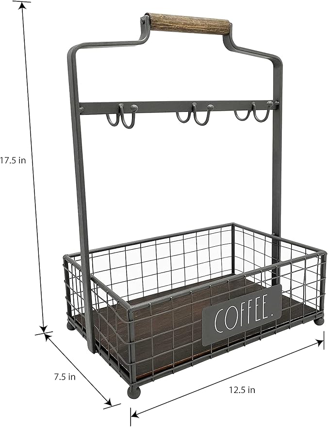 Rae Dunn Coffee Mug Holder - 6 Hook Coffee Cup Rack with Rectangular Rustic Style Crockery Holder for Storage and Display - Mug Stand Organizer for Kitchen Counter or Cafe Countertop - Coffee