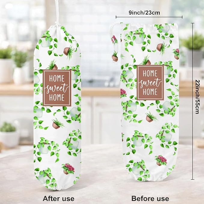 Plastic Bag Holder, Home Sweet Home Plastic Bag Holder for Kitchen Essentials, Bags Holders for Plastics Bags Groceries Store, Leaf Reusable Trash Sack Storage Dispenser to Kitchen Decor