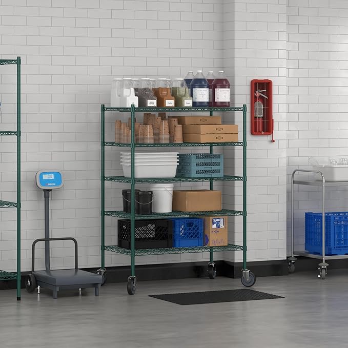Commercial NSF Listed Green Epoxy Mobile Wire Shelving Kit 24" x 42" x 60", with 5 Shelves Perfect for Warehouse, Walk-in Refrigerator, Freezer, Grocery Store, Restaurant, Dishroom