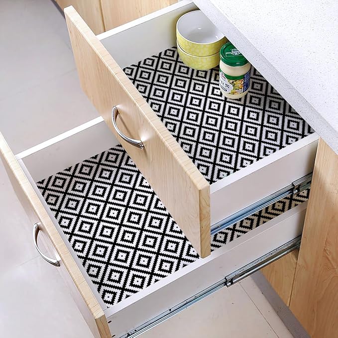 Quttisay Shelf Liner for Kitchen Cabinets,Non Adhesive Cabinet Liner,Non-Slip Drawer Liner,Waterproof Shelf Liner Easy to Clean Strong Grip Liner for Cabinets,Drawers,(Geometric 12 in x 16.4 FT)