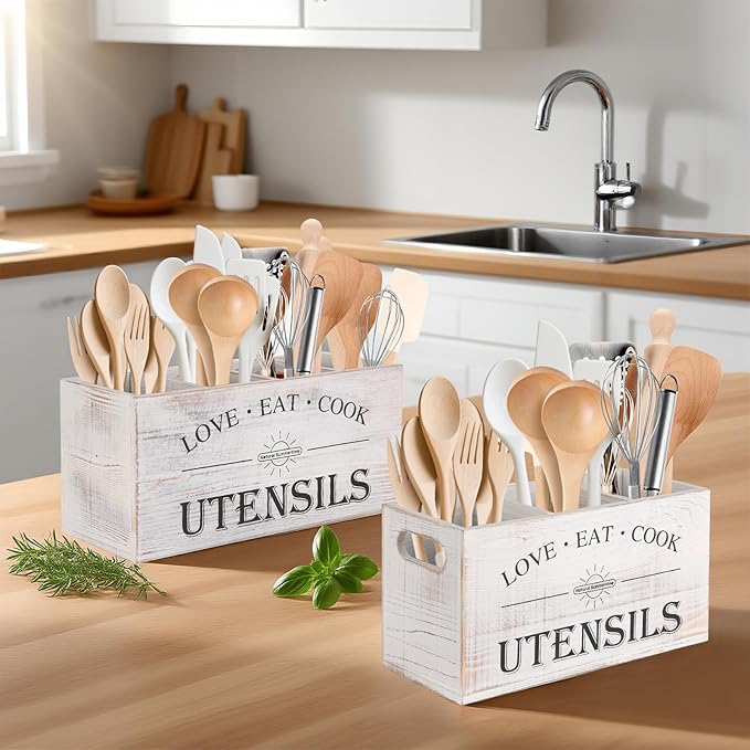 2 PC Wooden Utensil Holder,(With 4-Compartments size*1 + 3-Compartments size*1) Extra Large Kitchen Counter,Cooking Spatula Organizer,Farmhouse Decor, Rustic Cooking Utensil