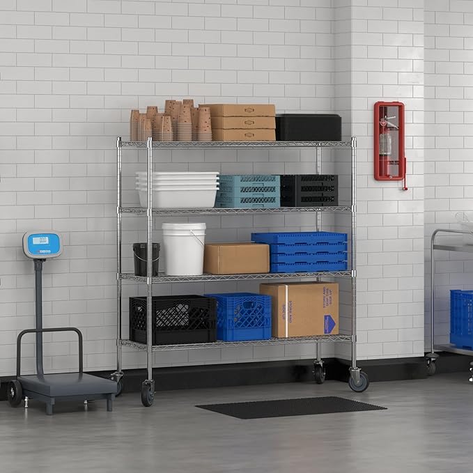Commercial NSF Listed Chrome Mobile Wire Shelving Kit 18" x 54" x 60", with 4 Shelves Perfect for Warehouse, Walk-in Refrigerator, Freezer, Grocery Store, Restaurant, Dishroom