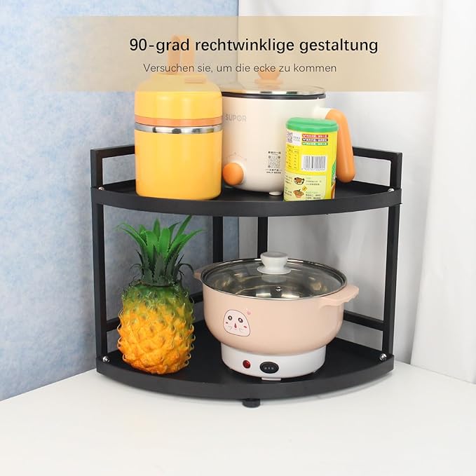 HUIJIN RA01 90° Corner Shelf for Kitchen - Space-Saving Spice Rack, Pot & Pan Organizer, Under Sink Storage - Sturdy Iron Tiered Shelves-2 Tier