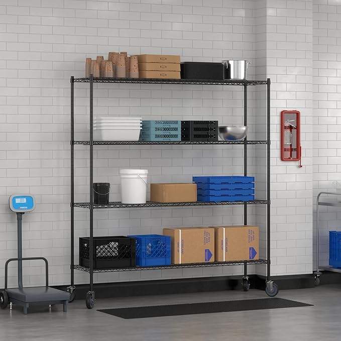 Commercial NSF Listed Black Epoxy Mobile Wire Shelving Kit 18" x 72" x 80", with 4 Shelves Perfect for Warehouse, Walk-in Refrigerator, Freezer, Grocery Store, Restaurant, Dishroom