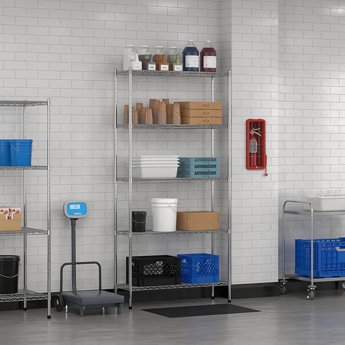 Commercial NSF Listed Chrome Stationary Wire Shelving Kit 14" x 42" x 86", with 5 Shelves Perfect for Warehouse, Walk-in Refrigerator, Freezer, Grocery Store, Restaurant, Dishroom