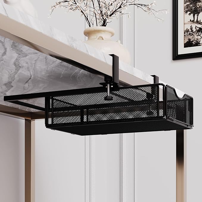 Under-Desk Drawer Slide Out Clamp-On-Desk Shelf for Office Supplies and Books Storage Metal Attachable Table Drawer Fit for Table Thickness 0.47-2.36in (Black, Normal)