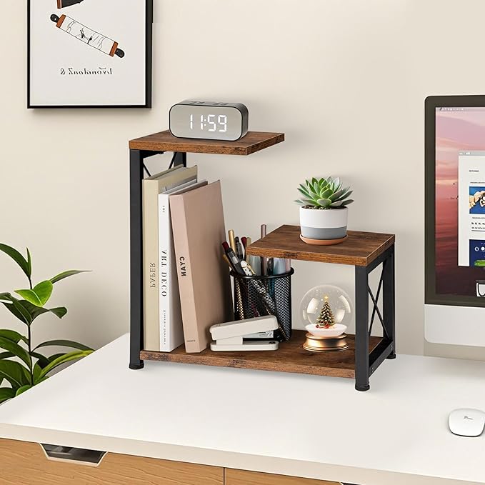 Desk Shelf Organizer, 3 Tier Storage Shelf Riser Display Stand, Wood Desktop Organizer Small Bookshelf, Desktop Shelf for Office Decor and Desk Accessories,Rustic Brown Black
